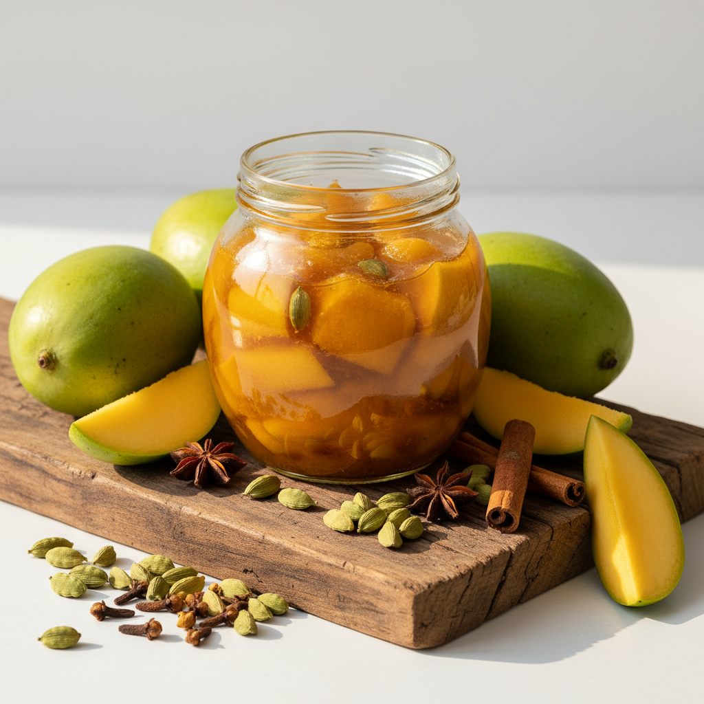 Homemade Kaccha Aam Murabba in a glass jar with raw mangoes and spices